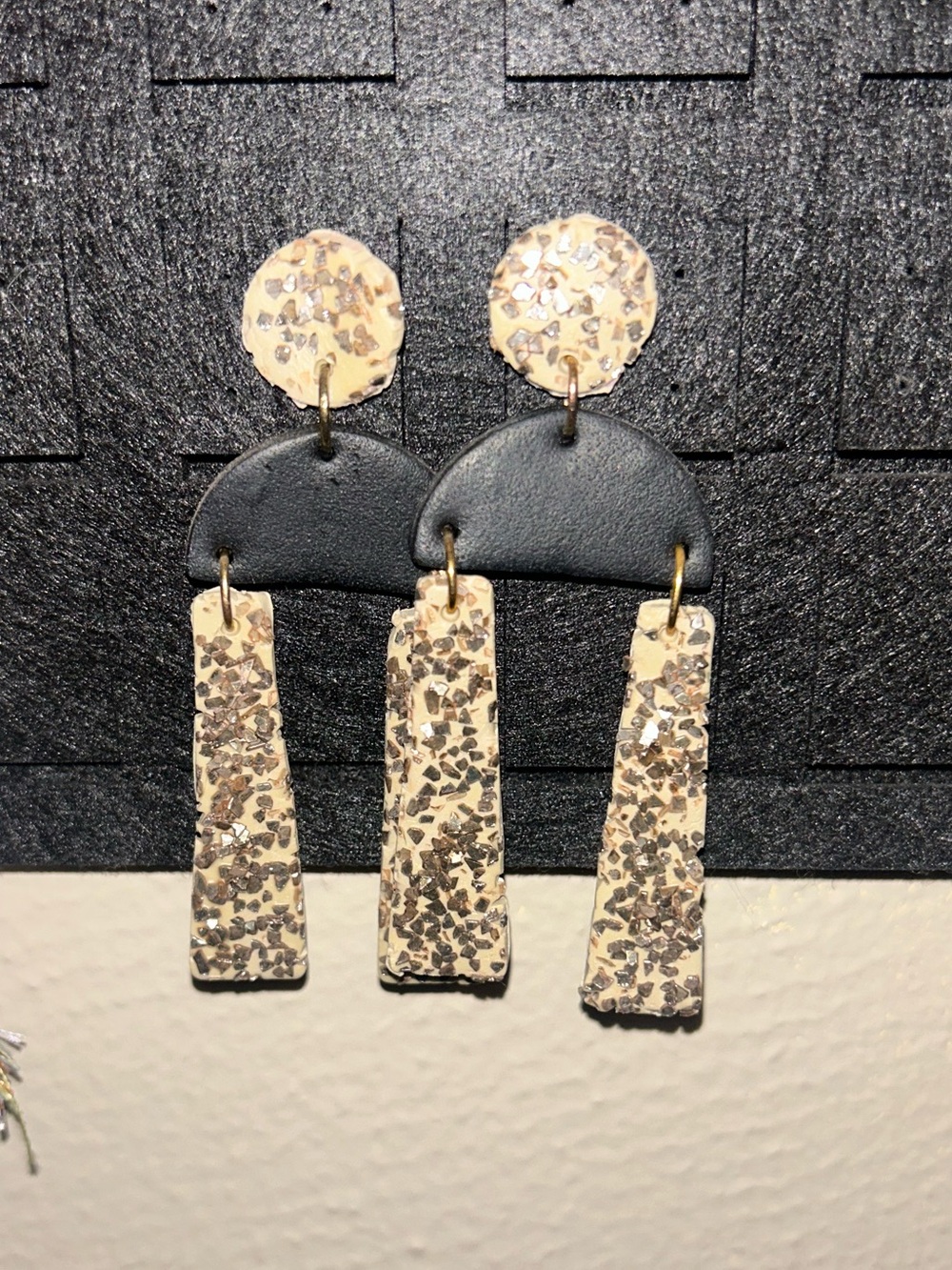 Handmade Black and Cream Glitter Drop Earrings